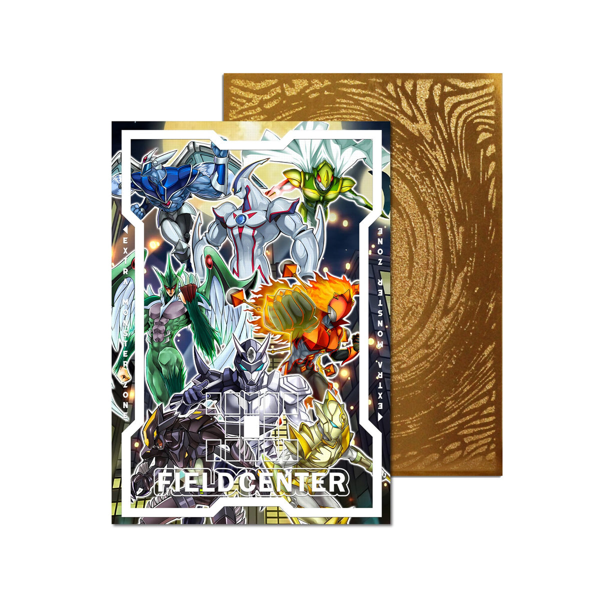 Level up your game with our custom-printed metal field centers, featuring exclusive Heroes in the City artwork in gold metal. Durable, scratch-resistant, and embossed with the iconic Yu-Gi-Oh! card back, these slim field centers fit perfectly in card sleeves. Elementa-Hero-yugioh-mtg-pokemon-metal-card-embossed-design-custom-artwork-duel-accessories-ldb-duel