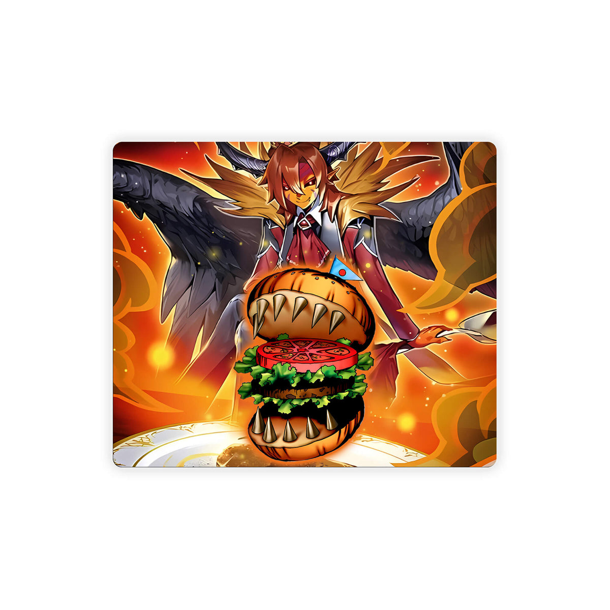 Enhance your gaming setup with our exclusive artwork Hungry Burger de Nouvelles mouse pad! Featuring a soft cloth surface for precise mouse tracking and a durable rubber base for a stable grip, this 10x8.5 inch mouse pad is the perfect blend of style and performance. Plus, it's machine washable for easy maintenance! Hungry-Burger-yugioh-mtg-pokemon-custom-artwork-premium-durable-rubber-ldb-duel 