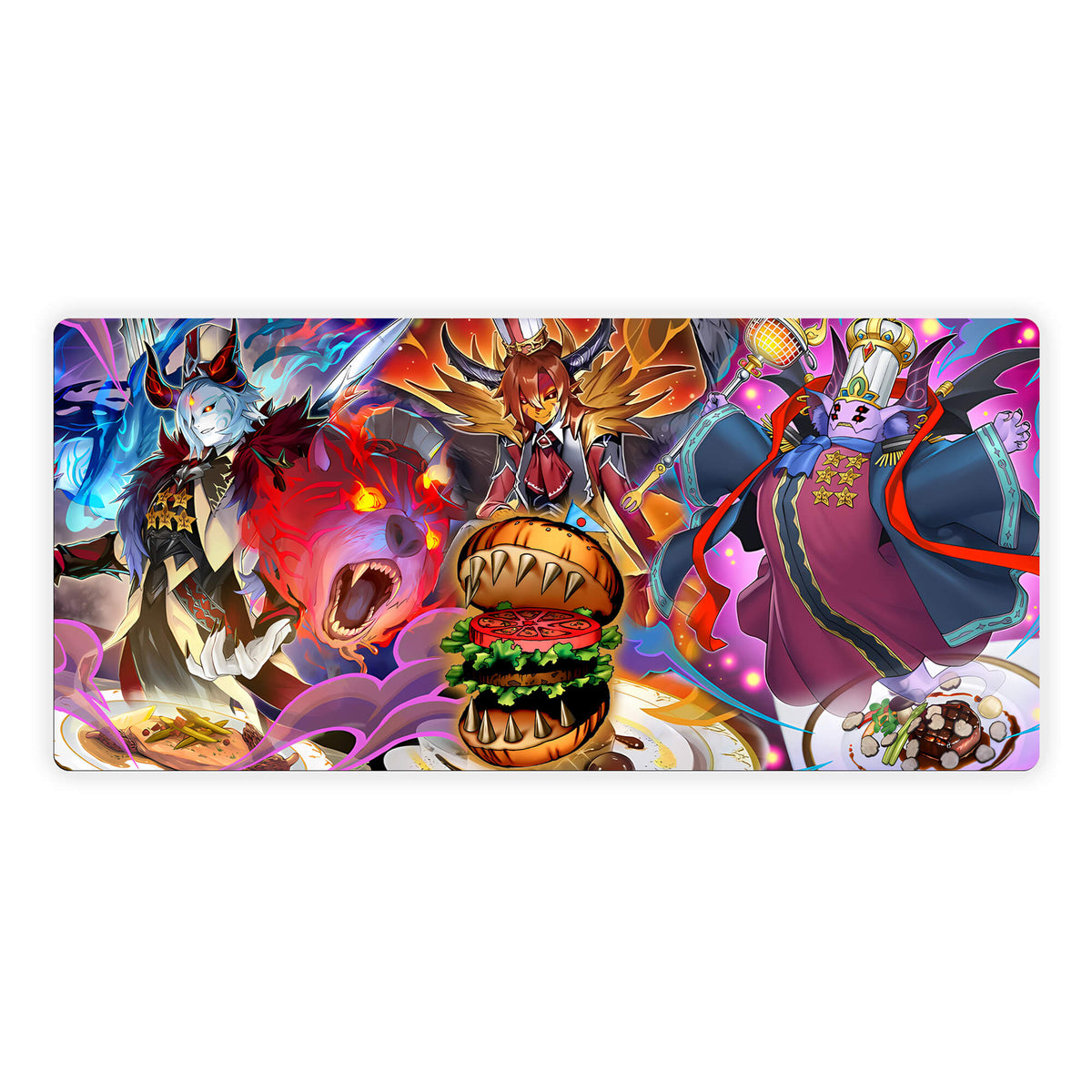 Elevate your gaming experience with LDB Duel featuring our exclusive Hungry Burger de Nouvelles mouse pad! Crafted with a smooth cloth surface for unparalleled mouse accuracy and a non-slip rubber base for rock-solid stability, this 35x16-inch masterpiece combines stunning design with top-tier functionality. And with its machine-washable build, keeping it clean is a breeze!Chefs-Special-yugioh-mtg-pokemon-custom-artwork-premium-durable-rubber-ldb-duel 