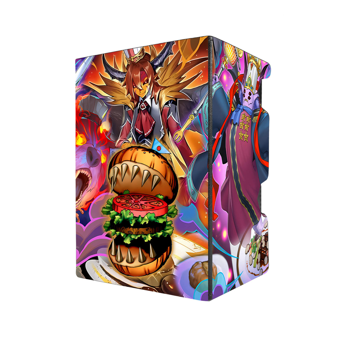 Here's another quality black deck box from LDB Duel featuring our exclusive Hungry Burger de Nouvelles art. Fits all types of trading card games, including Pokémon, Yu-Gi-Oh! and Magic The Gathering. The perfect card holder for the TCG player safely holds up to 100 double-sleeved cards. EVEN in extra thick sleeves. Comes with a pull-out dice tray. Buerillabaisse-yugioh-tcg-accessories-card-storage-LDB-Duel