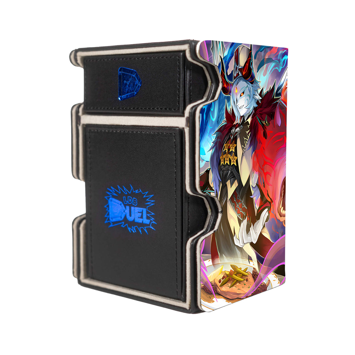 Here is the Right View of the Hungry Burger de Nouvelles Mach 3 Black Deck Box. Chef-yugioh-deck-tray-dice-tray-LDB-Duel