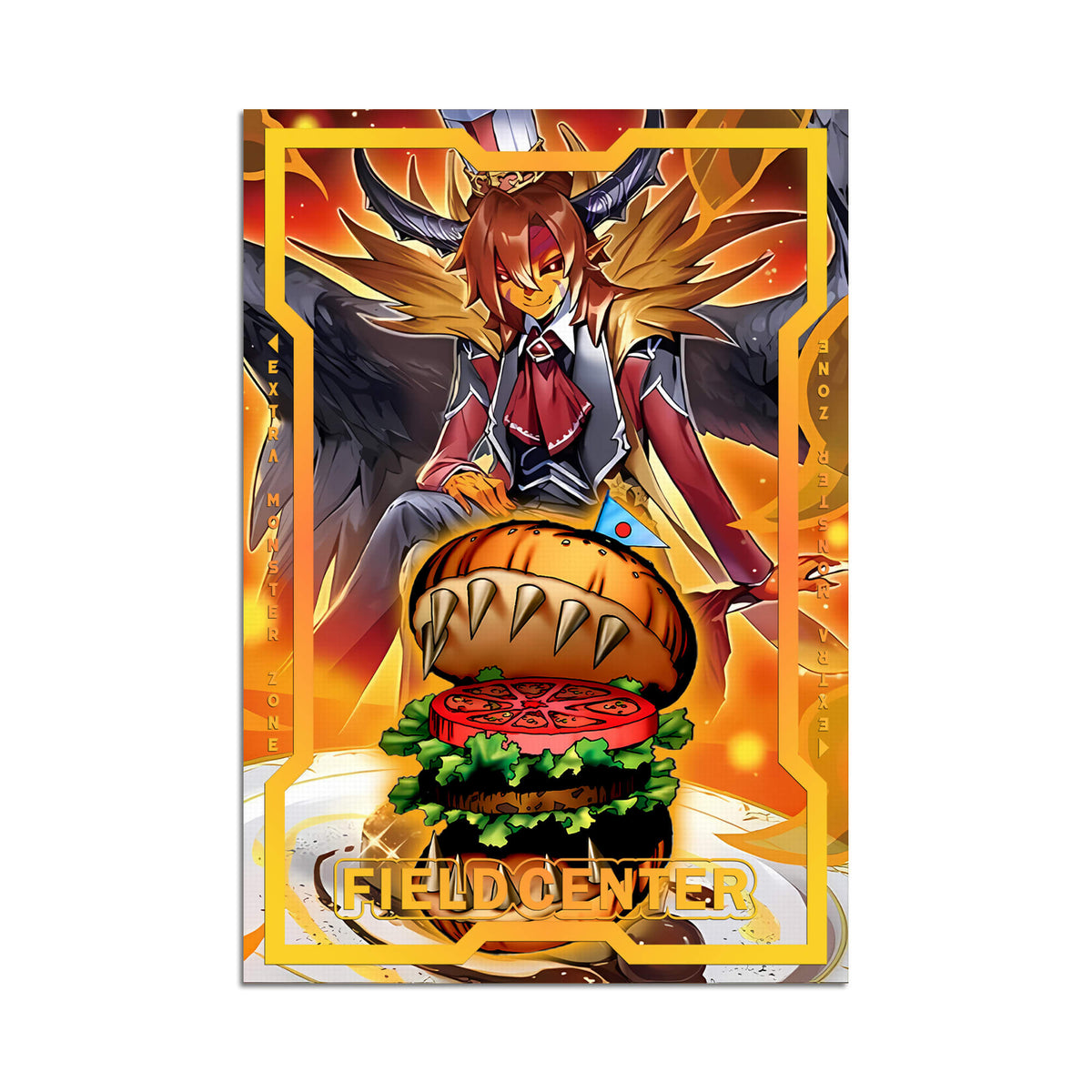 Level up your game with our custom-printed metal field centers, featuring exclusive Hungry Burger de Nouvelles artwork in gold metal. Durable, scratch-resistant, and embossed with the iconic Yu-Gi-Oh! card back, these slim field centers fit perfectly in card sleeves. Chefs-Special-yugioh-mtg-pokemon-metal-card-embossed-design-custom-artwork-duel-accessories-ldb-duel