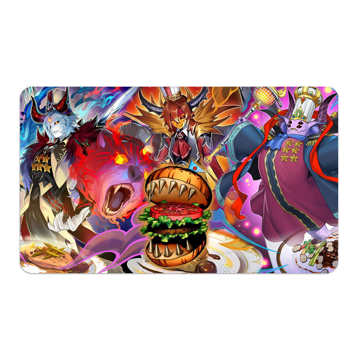 Transform your dueling experience with LDB Duel featuring our exclusive art Hungry Burger de Nouvelles playmat! Featuring a soft cloth top for smooth card movement and a durable rubber back for a secure grip, this 24x14 inch mat is machine washable and safe for cards and sleeves. Chefs-Special-yugioh-mtg-pokemon-custom-artwork-premium-durable-rubber-ldb-duel