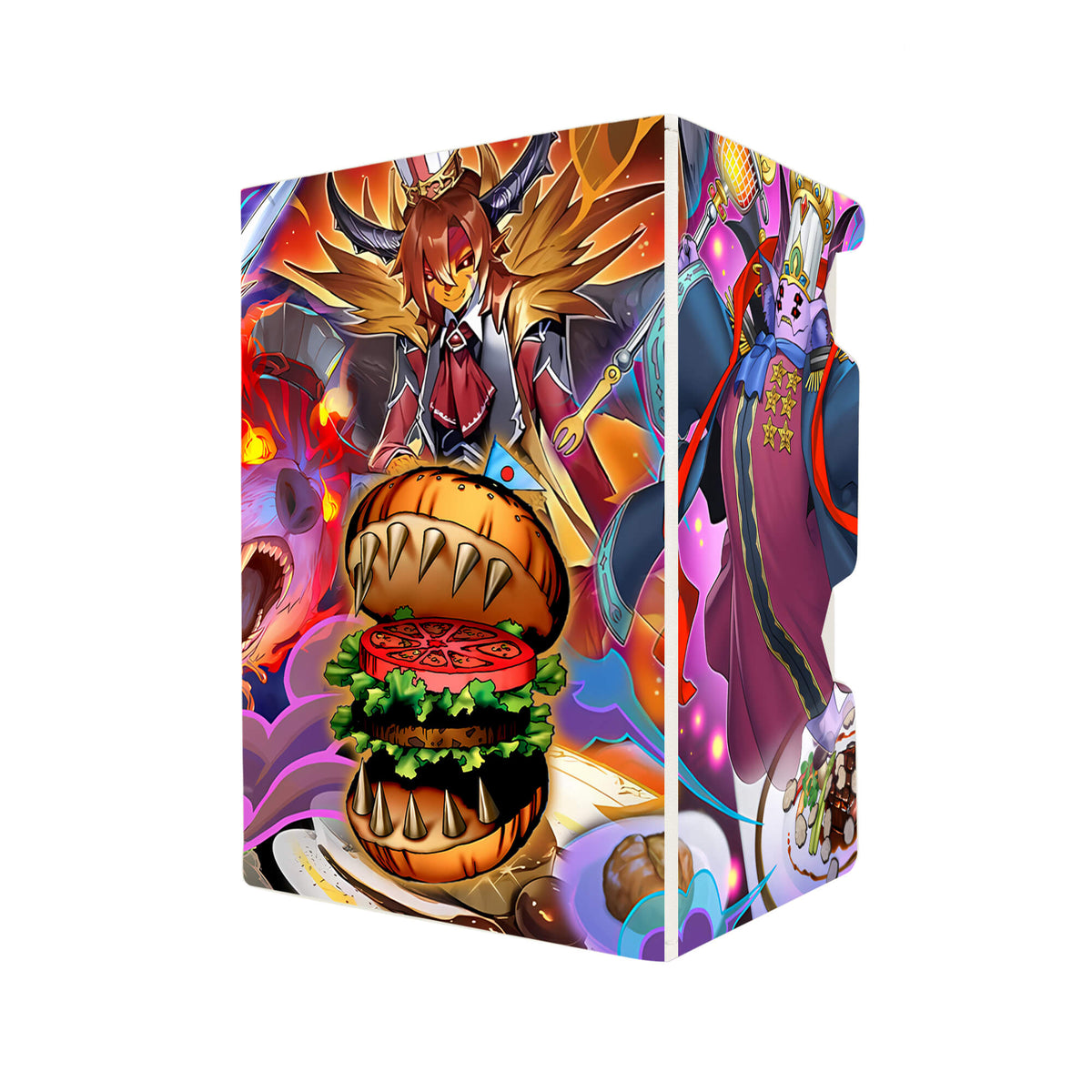 Here's another quality white deck box from LDB Duel featuring our exclusive Hungry Burger de Nouvelles art. Fits all types of trading card games, including Pokémon, Yu-Gi-Oh! and Magic The Gathering. The perfect card holder for the TCG player safely holds up to 100 double-sleeved cards. EVEN in extra thick sleeves. Comes with a pull-out dice tray. Hungry-Burger-ygo-magic-digimon-card-protector-gaming-accesories-LDB-Duel