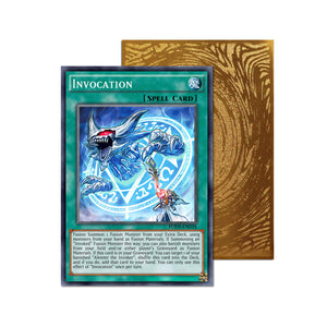 Level up your game with our custom-printed metal orica cards, featuring exclusive Invocation artwork in gold metal. Durable, scratch-resistant, and embossed with the iconic Yu-Gi-Oh! card back, these slim orica cards fit perfectly in card sleeves. Invoked-yugioh-mtg-pokemon-metal-card-embossed-design-custom-artwork-duel-accessories-ldb-duel