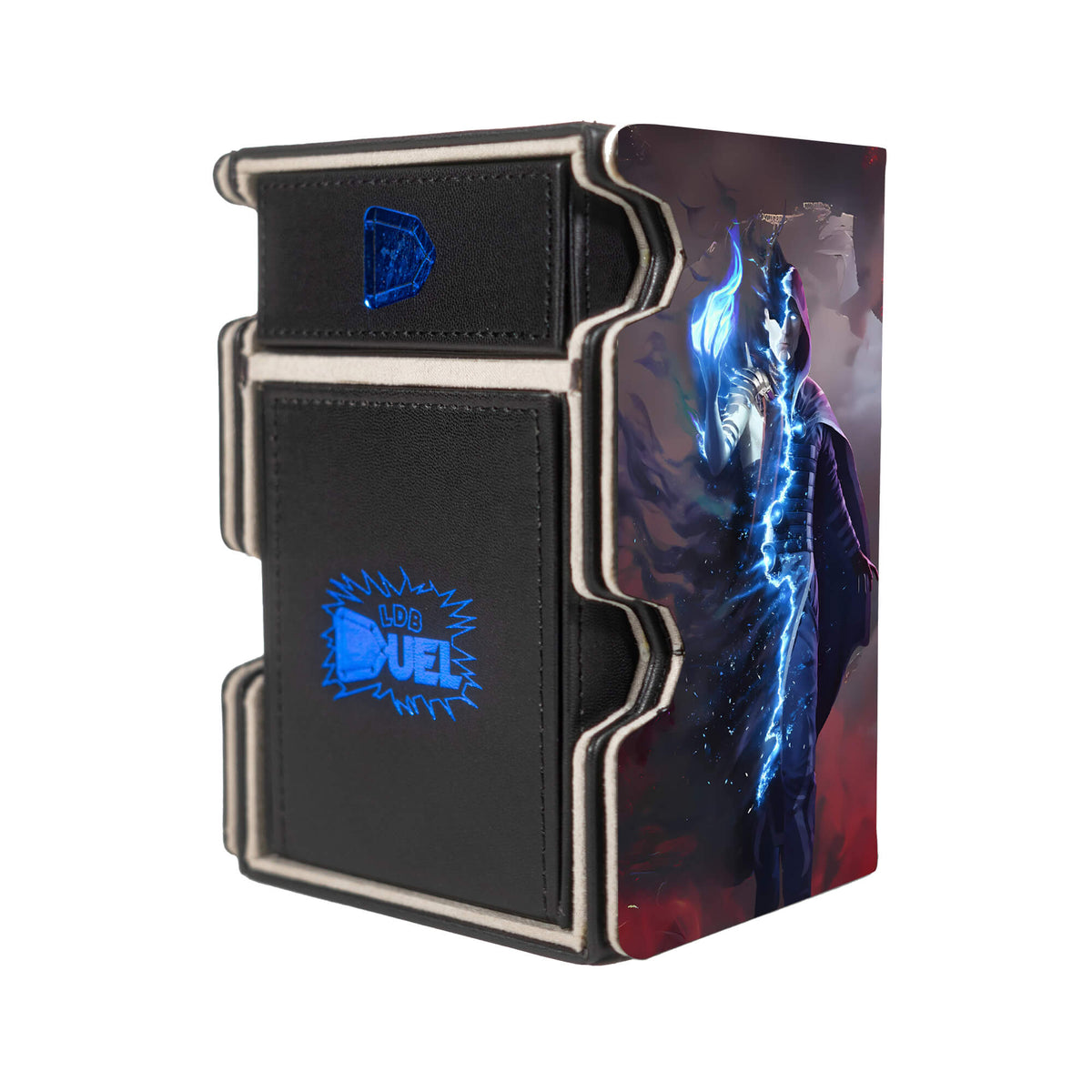 Here is the Right View of the Jace - Legendary Planeswalker Mach 3 Black Deck Box. Telepath-Unbound-mtg-deck-tray-dice-tray-LDB-Duel