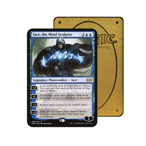 Level up your game with our custom-printed metal orica cards, featuring exclusive Jace, the Mind Sculptor artwork in gold metal. Durable, scratch-resistant, and embossed with the iconic Yu-Gi-Oh! card back, these slim orica cards fit perfectly in card sleeves. Planeswalker-mtg-yugioh-pokemon-metal-card-embossed-design-custom-artwork-duel-accessories-ldb-duel