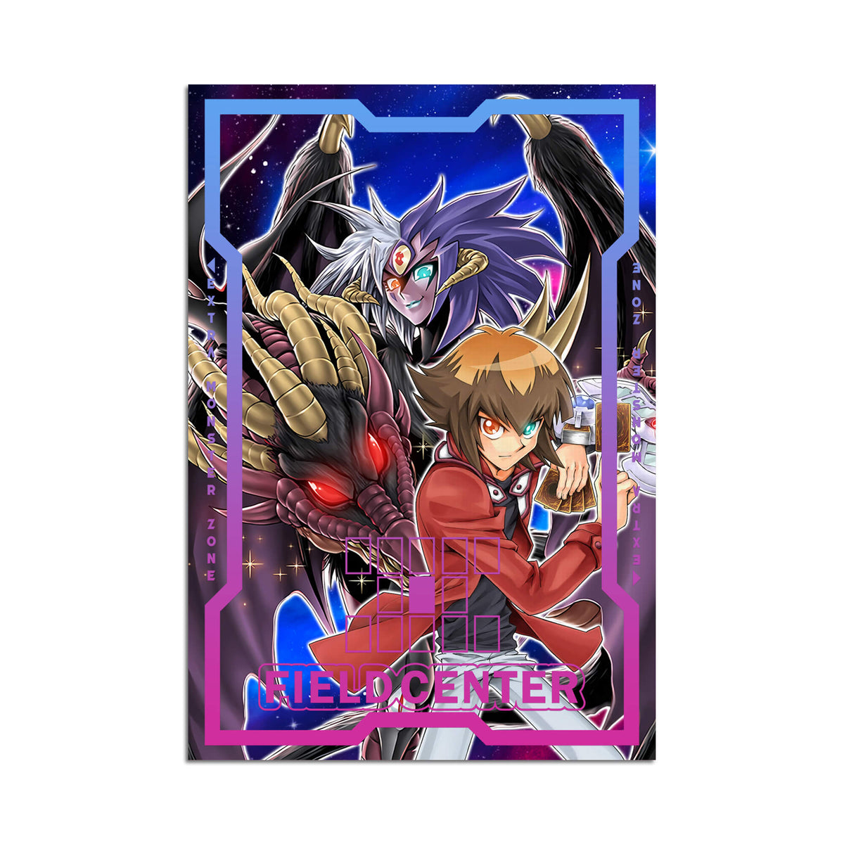 Level up your game with our custom-printed metal field centers, featuring exclusive Jaden and Yubel artwork in gold metal. Durable, scratch-resistant, and embossed with the iconic Yu-Gi-Oh! card back, these slim field centers fit perfectly in card sleeves. Neos-Wiseman-yugioh-mtg-pokemon-metal-card-embossed-design-custom-artwork-duel-accessories-ldb-duel