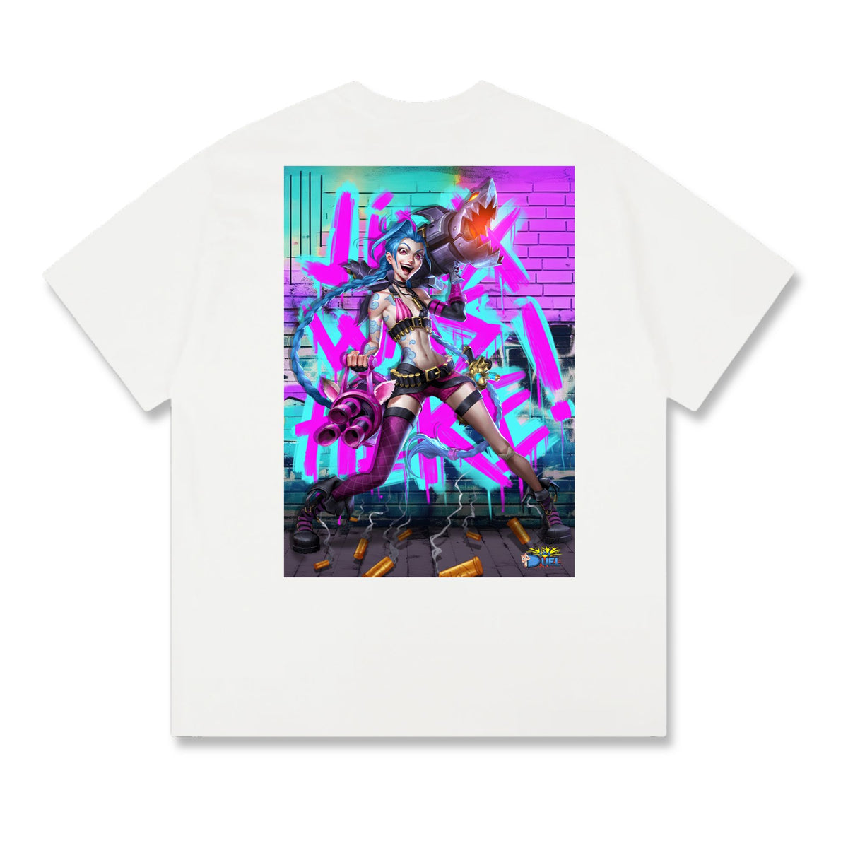 Level up your look with the premium Jinx | Arcane T-shirt design from LDB Duel. Crafted from soft, breathable cotton and finished with vibrant DTF printing, this white t-shirt is designed for comfort that lasts. Featuring a bold back design, it’s perfect for anime fans, TCG players, and gamers who want to stand out, whether at events, tournaments, or just relaxing with friends. LoL-anime-ygo-magic-tshirt-gaming-accesories-LDB-Duel