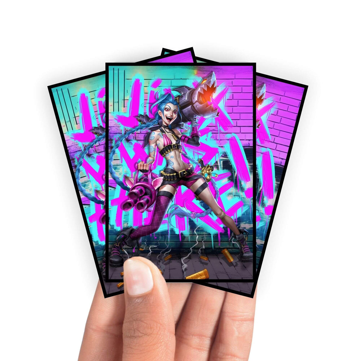 Enhance your cards with our elegant black border card sleeves, featuring a sleek, sophisticated design for a bold, modern aesthetic. From LDB Duel. Perfect for showcasing your collection, these sleeves are printed with our exclusive Jinx | Arcane design. Criminal-anime-yugioh-mtg-pokemon-card-protection-standard-japanese-dragon-shield-LDB-Duel-black