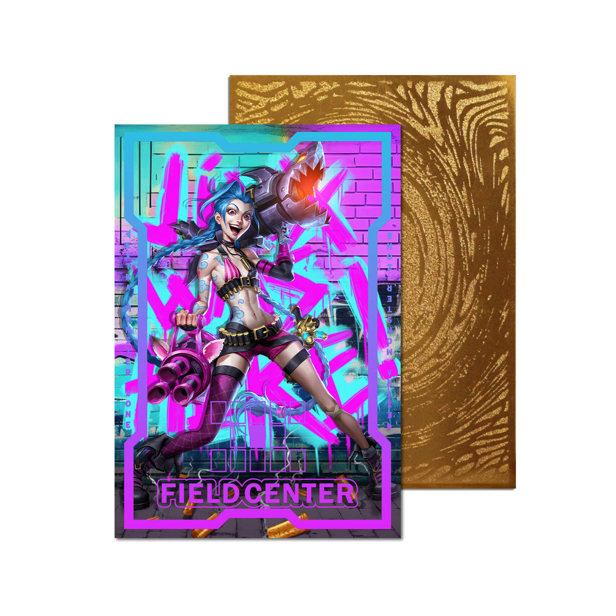 Level up your game with our custom-printed metal field centers, featuring exclusive Jinx | Arcane artwork in gold metal. Durable, scratch-resistant, and embossed with the iconic Yu-Gi-Oh! card back, these slim field centers fit perfectly in card sleeves. Powder-anime-yugioh-mtg-pokemon-metal-card-embossed-design-custom-artwork-duel-accessories-ldb-duel