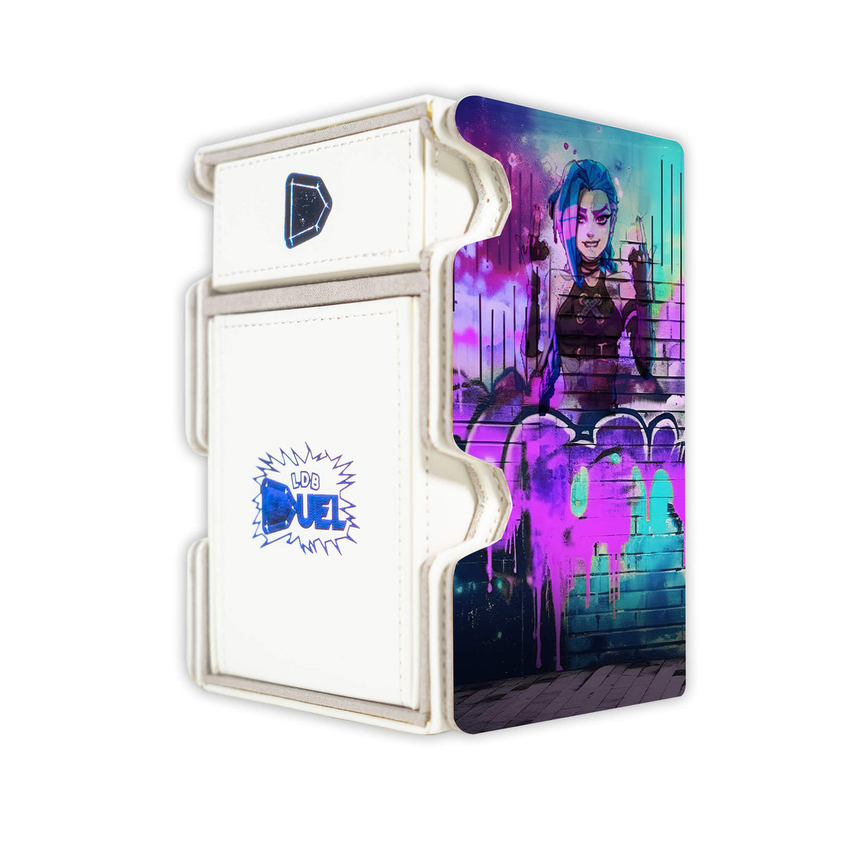 Here is the Right View of the Jinx | Arcane Mach 3 White Deck Box. Pow-Pow-anime-deck-tray-dice-tray-LDB-Duel