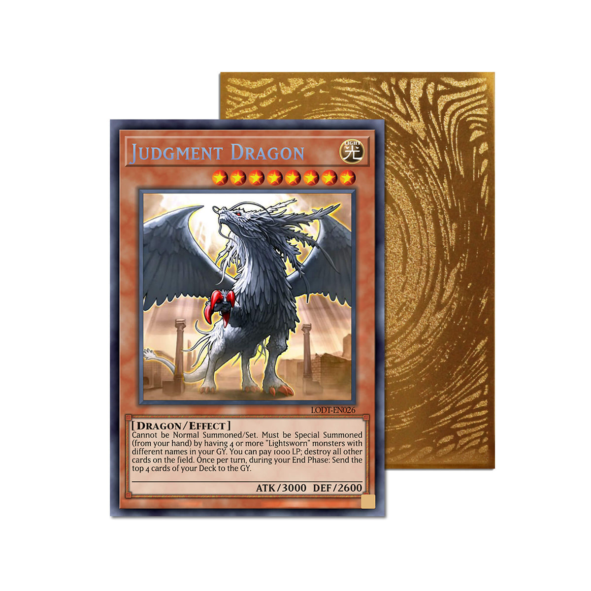 Level up your game with our custom-printed metal orica cards, featuring exclusive Judgment Dragon artwork in gold metal. Durable, scratch-resistant, and embossed with the iconic Yu-Gi-Oh! card back, these slim orica cards fit perfectly in card sleeves. Punishment-Dragon-yugioh-mtg-pokemon-metal-card-embossed-design-custom-artwork-duel-accessories-ldb-duel