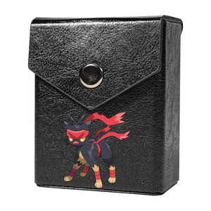 Enhance your TCG storage with the JuiJeteon Mach 2 Black deck box, available in options for 60 or 80 single-card sleeves. Sold by LDB Duel. Crafted from durable faux leather, it includes a built-in belt loop, a strong magnetic snap, and showcases our exclusive JuiJeteon design—ideal for TCG enthusiasts on the move! Jolteon-pokemon-yugioh-mtg-tcg-accessories-card-storage-LDB-Duel-black