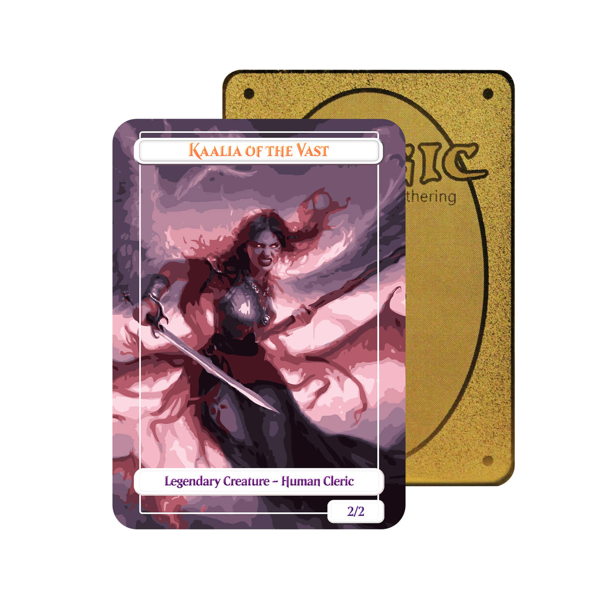 Level up your game with our custom-printed metal orica card, featuring exclusive Kaalia of the Vast artwork in gold metal. Durable, scratch-resistant, and embossed with the iconic Magic: The Gathering card back, these slim orica cards fit perfectly in card sleeves. Kaalia-mtg-metal-card-embossed-design-custom-artwork-duel-accessories-ldb-duel