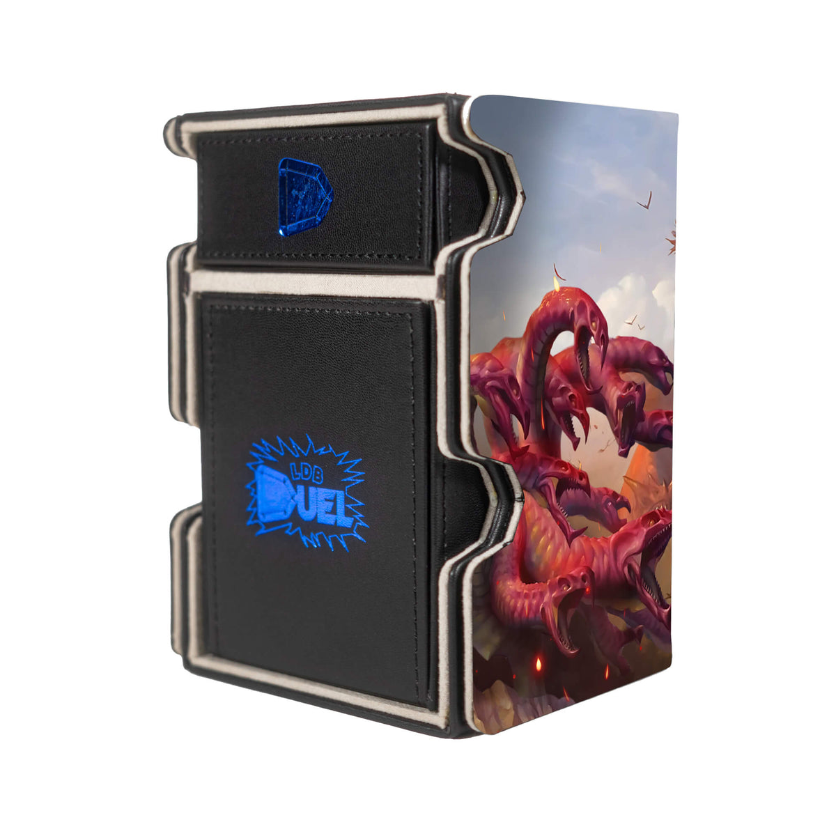 Here is the Right View of the Mistcutter Hydra - Kalonian Hydra - Voracious Hydra Mach 3 Black Deck Box. Rare-mtg-deck-tray-dice-tray-LDB-Duel