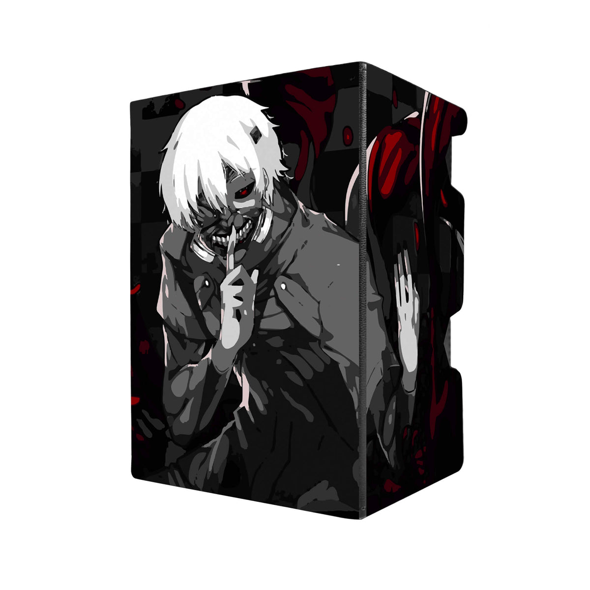 Here's another quality black deck box from LDB Duel featuring our exclusive Ken Kaneki art. Fits all types of trading card games, including Pokémon, Yu-Gi-Oh! and Magic The Gathering. The perfect card holder for the TCG player safely holds up to 100 double-sleeved cards. EVEN in extra thick sleeves. Comes with a pull-out dice tray. Tokyo-Ghoul-anime-tcg-accessories-card-storage-LDB-Duel