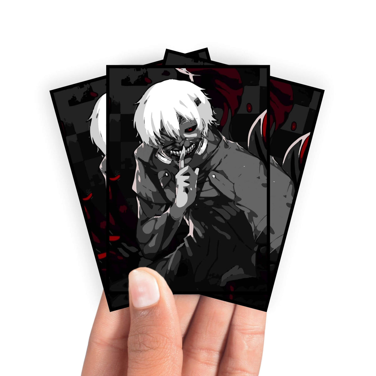 Enhance your cards with our elegant black border card sleeves, featuring a sleek, sophisticated design for a bold, modern aesthetic. From LDB Duel. Perfect for showcasing your collection, these sleeves are printed with our exclusive Ken Kaneki design. Tokyo-Ghoul-anime-card-protection-standard-japanese-dragon-shield-LDB-Duel-black