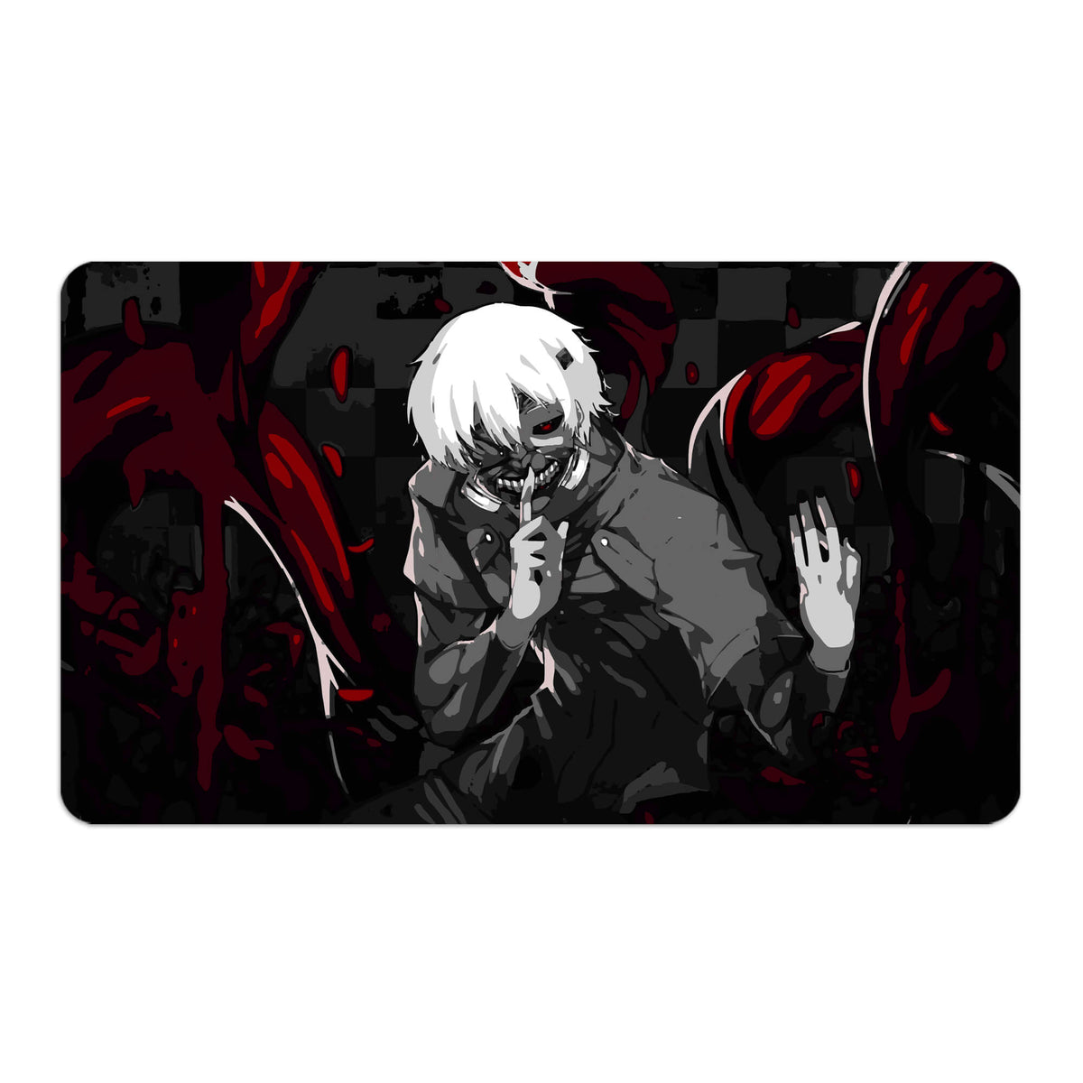 Transform your dueling experience with LDB Duel featuring our exclusive art Ken Kaneki playmat! Featuring a soft cloth top for smooth card movement and a durable rubber back for a secure grip, this 24x14 inch mat is machine washable and safe for cards and sleeves. Tokyo-Ghoul-anime-custom-artwork-premium-durable-rubber-ldb-duel