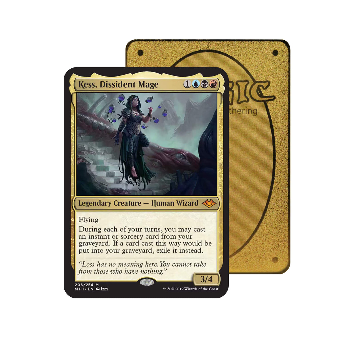 Level up your game with our custom-printed metal orica cards, featuring exclusive Kess, Dissident Mage artwork in gold metal. Durable, scratch-resistant, and embossed with the iconic Yu-Gi-Oh! card back, these slim orica cards fit perfectly in card sleeves. Recursion-mtg-yugioh-pokemon-metal-card-embossed-design-custom-artwork-duel-accessories-ldb-duel