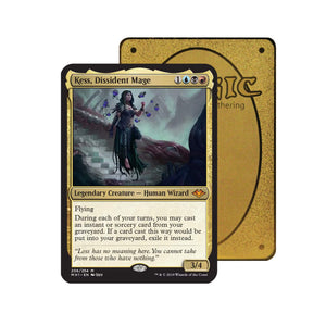 Level up your game with our custom-printed metal orica cards, featuring exclusive Kess, Dissident Mage artwork in gold metal. Durable, scratch-resistant, and embossed with the iconic Yu-Gi-Oh! card back, these slim orica cards fit perfectly in card sleeves. Recursion-mtg-yugioh-pokemon-metal-card-embossed-design-custom-artwork-duel-accessories-ldb-duel
