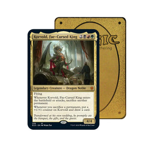 Level up your game with our custom-printed metal orica cards, featuring exclusive Korvold, Fae-Cursed King artwork in gold metal. Durable, scratch-resistant, and embossed with the iconic Yu-Gi-Oh! card back, these slim orica cards fit perfectly in card sleeves. Dragon-mtg-yugioh-pokemon-metal-card-embossed-design-custom-artwork-duel-accessories-ldb-duel
