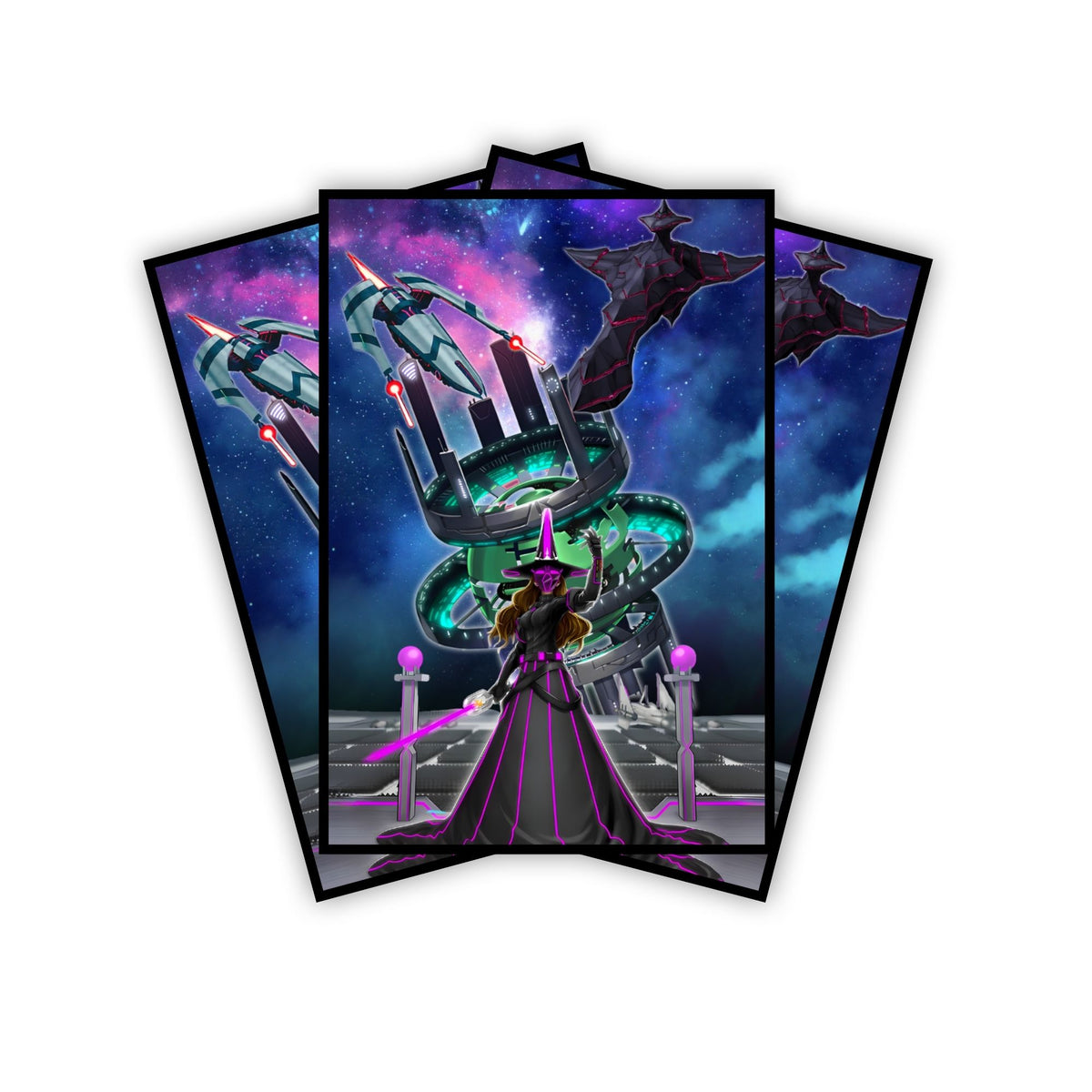 Enhance your cards with our elegant black border card sleeves, featuring a sleek, sophisticated design for a bold, modern aesthetic. From LDB Duel. Perfect for showcasing your collection, these sleeves are printed with our exclusive Kozmo Archetype design. Kozmo-yugioh-mtg-pokemon-card-protection-standard-japanese-dragon-shield-LDB-Duel-black