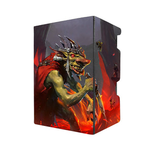 Here's another quality black deck box from LDB Duel featuring our exclusive Krenko, Mob Boss art. Fits all types of trading card games, including Pokémon, Yu-Gi-Oh! and Magic The Gathering. The perfect card holder for the TCG player safely holds up to 100 double-sleeved cards. EVEN in extra thick sleeves. Comes with a pull-out dice tray. Goblin-Chieftain-mtg-tcg-accessories-card-storage-LDB-Duel