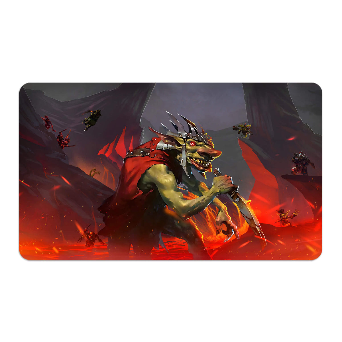 Transform your dueling experience with LDB Duel featuring our exclusive art Krenko, Mob Boss playmat! Featuring a soft cloth top for smooth card movement and a durable rubber back for a secure grip, this 24x14 inch mat is machine washable and safe for cards and sleeves. Goblin-Chieftain-mtg-yugioh-pokemon-custom-artwork-premium-durable-rubber-ldb-duel