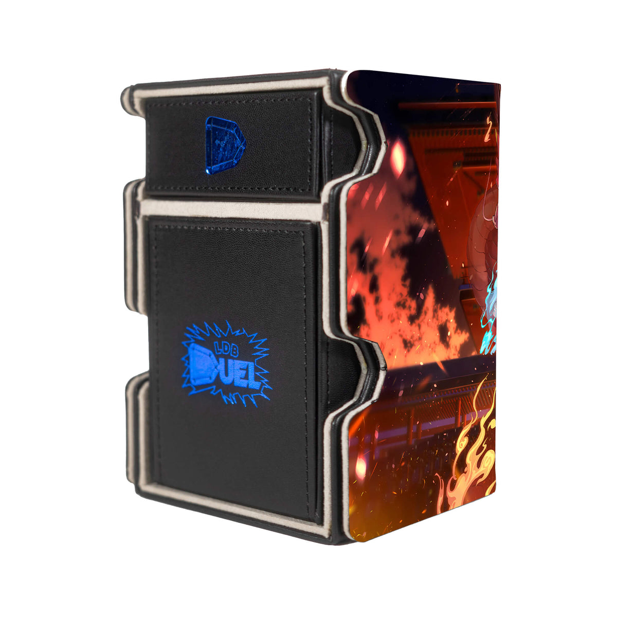 Here is the Right View of the Kurikara Divincarnate Mach 3 Black Deck Box. POE-yugioh-deck-tray-dice-tray-LDB-Duel
