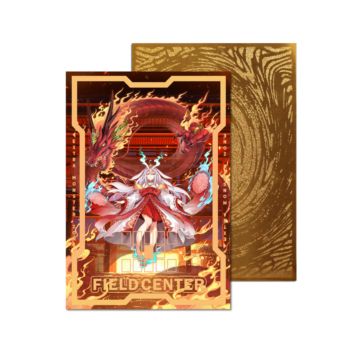 Level up your game with our custom-printed metal field centers, featuring exclusive Kurikara Divincarnate artwork in gold metal. Durable, scratch-resistant, and embossed with the iconic Yu-Gi-Oh! card back, these slim field centers fit perfectly in card sleeves. Kulika-yugioh-mtg-pokemon-metal-card-embossed-design-custom-artwork-duel-accessories-ldb-duel