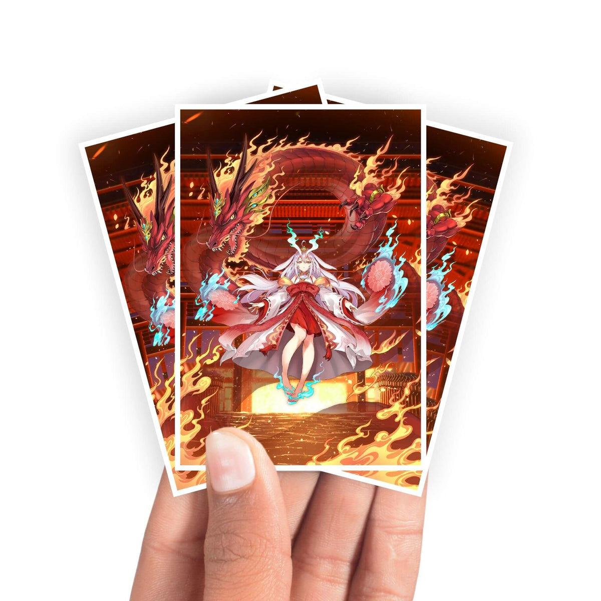 Protect and enhance your cards with our clean and crisp white border card sleeves. Featuring a minimalist design that complements any artwork, these sleeves offer a bright, timeless look. From LDB Duel. Printed with our exclusive Kurikara Divincarnate design for a fresh and premium finish. Fire-yugioh-mtg-pokemon-card-protection-standard-japanese-dragon-shield-LDB-Duel-white