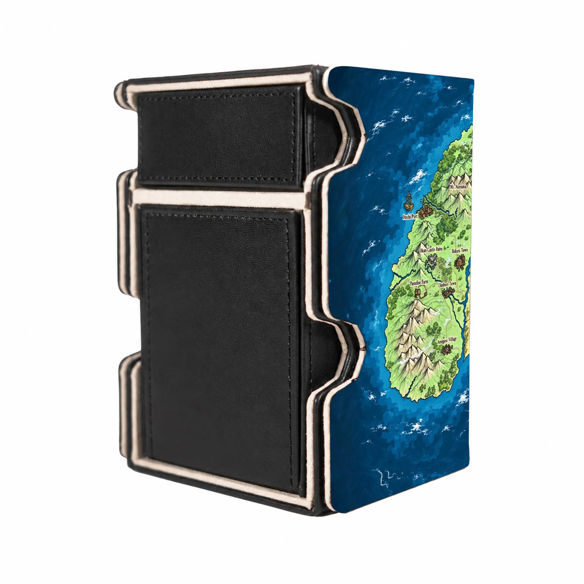Here is the Right View of the Land of Wano Mach 3 Black Deck Box. Flower-Capital-onepiece-deck-tray-dice-tray-LDB-Duel