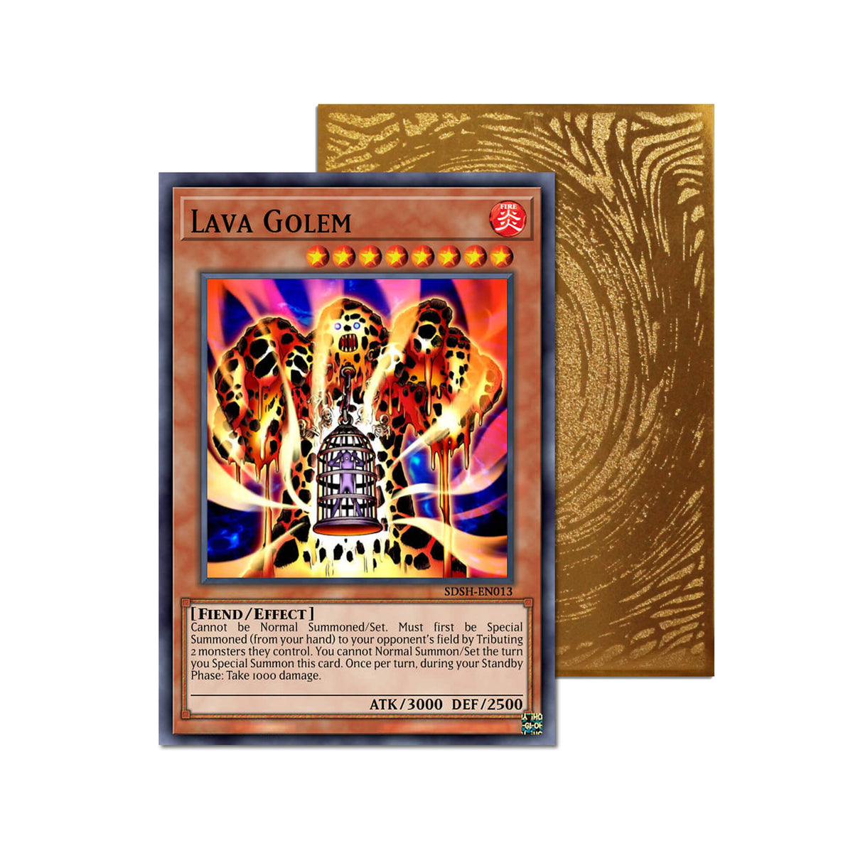 Level up your game with our custom-printed metal orica cards, featuring exclusive Lava Golem artwork in gold metal. Durable, scratch-resistant, and embossed with the iconic Yu-Gi-Oh! card back, these slim orica cards fit perfectly in card sleeves. Fissure-yugioh-mtg-pokemon-metal-card-embossed-design-custom-artwork-duel-accessories-ldb-duel