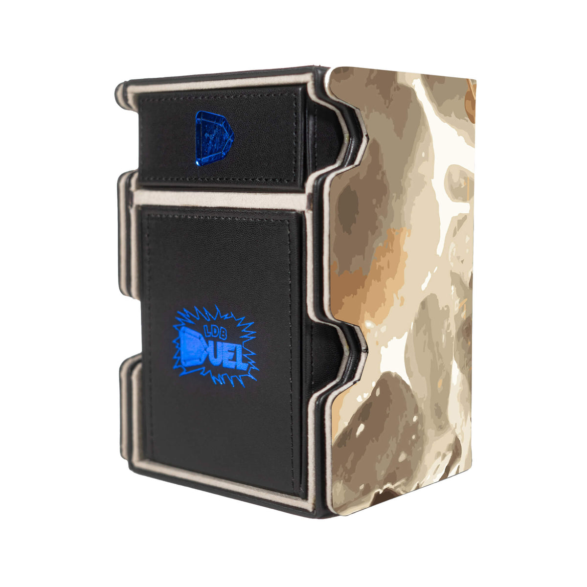 Here is the Right View of the Lorehold Spirits Mach 3 Black Deck Box. History-Chaser-mtg-deck-tray-dice-tray-LDB-Duel