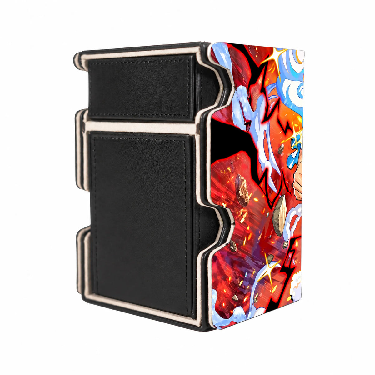 Here is the Right View of the Luffy's Gear 5 Awakening Mach 3 Black Deck Box. Sun-God-onepiece-deck-tray-dice-tray-LDB-Duel