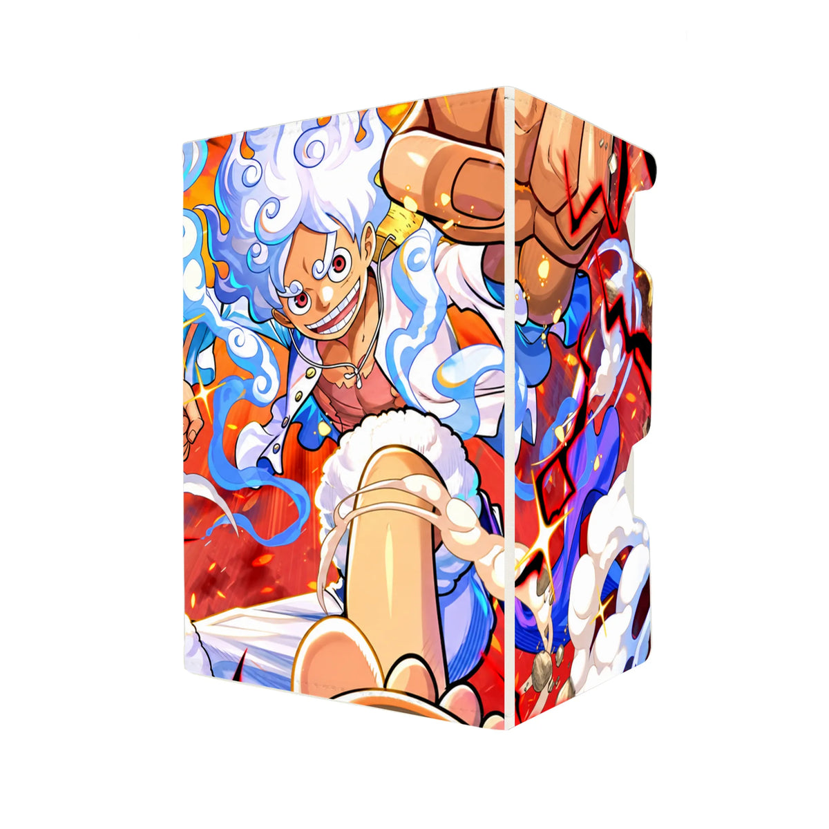 Here's another quality white deck box from LDB Duel featuring our exclusive Luffy's Gear 5 Awakening art. Fits all types of trading card games, including Pokémon, Yu-Gi-Oh! and Magic The Gathering. The perfect card holder for the TCG player safely holds up to 100 double-sleeved cards. EVEN in extra thick sleeves. Comes with a pull-out dice tray. Luffy-onepie-tcg-accessories-card-storage-LDB-Duel