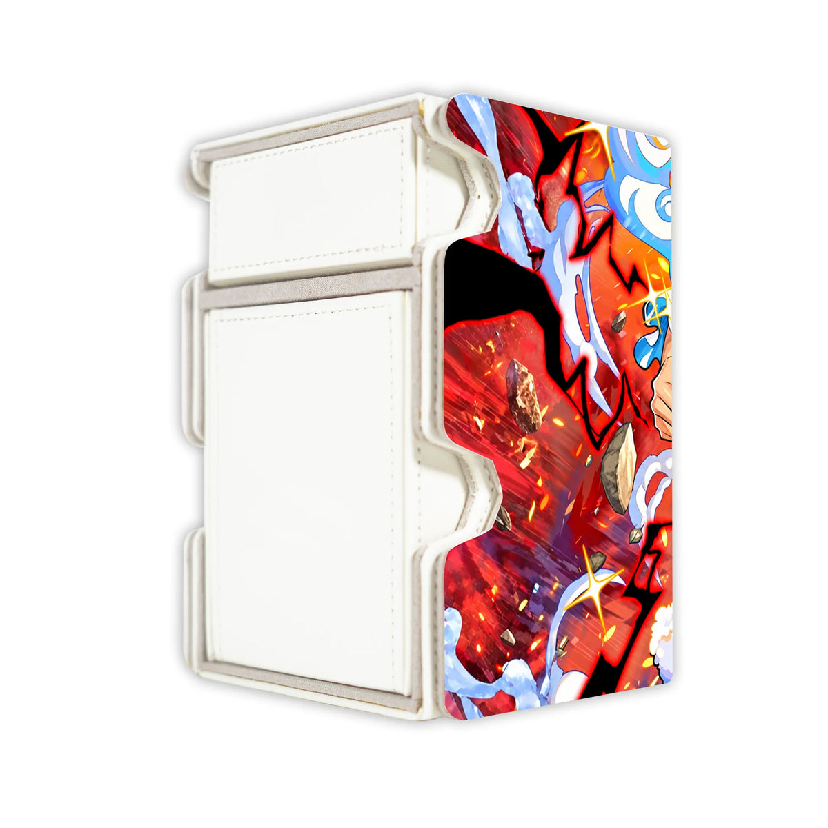 Here is the Right View of the Luffy's Gear 5 Awakening Mach 3 White Deck Box. Sun-God-onepiece-deck-tray-dice-tray-LDB-Duel