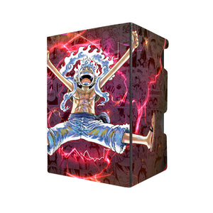 Here's another quality black deck box from LDB Duel featuring our exclusive Luffy: Sun God Nika art. Fits all types of trading card games, including Pokémon, Yu-Gi-Oh! and Magic The Gathering. The perfect card holder for the TCG player safely holds up to 100 double-sleeved cards. EVEN in extra thick sleeves. Comes with a pull-out dice tray. One-Piece-anime-tcg-accessories-card-storage-LDB-Duel