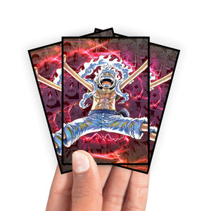 Enhance your cards with our elegant black border card sleeves, featuring a sleek, sophisticated design for a bold, modern aesthetic. From LDB Duel. Perfect for showcasing your collection, these sleeves are printed with our exclusive Luffy: Sun God Nika design. One-Piece-anime-yugioh-mtg-pokemon-card-protection-standard-japanese-dragon-shield-LDB-Duel-black