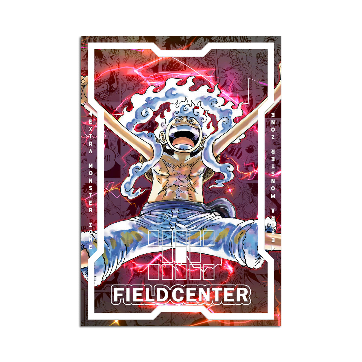 Level up your game with our custom-printed metal field centers, featuring exclusive Luffy: Sun God Nika artwork in gold metal. Durable, scratch-resistant, and embossed with the iconic Yu-Gi-Oh! card back, these slim field centers fit perfectly in card sleeves. Sabo-anime-yugioh-mtg-pokemon-metal-card-embossed-design-custom-artwork-duel-accessories-ldb-duel