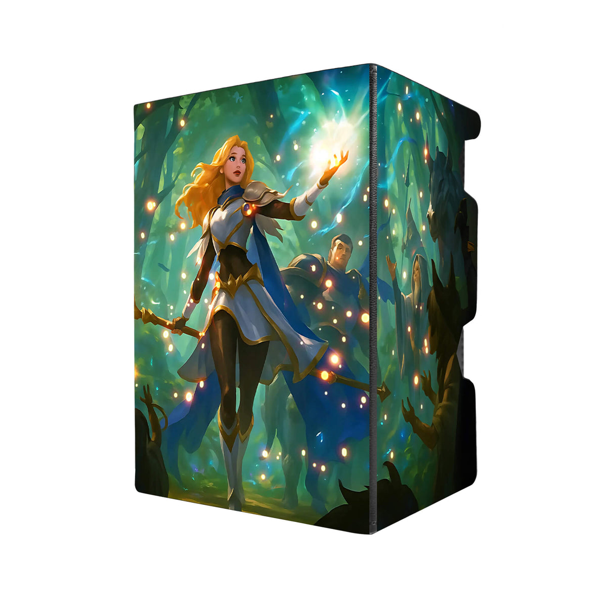 Here's another quality black deck box from LDB Duel featuring our exclusive Lux | League of Legends art. Fits all types of trading card games, including Pokémon, Yu-Gi-Oh! and Magic The Gathering. The perfect card holder for the TCG player safely holds up to 100 double-sleeved cards. EVEN in extra thick sleeves. Comes with a pull-out dice tray. Illumination-anime-tcg-accessories-card-storage-LDB-Duel