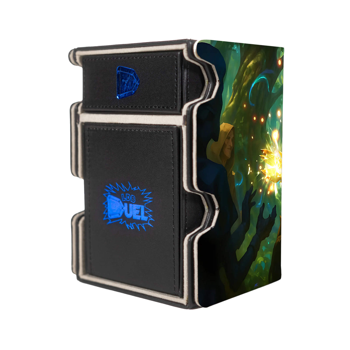 Here is the Right View of the Lux | League of Legends Mach 3 Black Deck Box. Prismatic-Barrier-anime-deck-tray-dice-tray-LDB-Duel