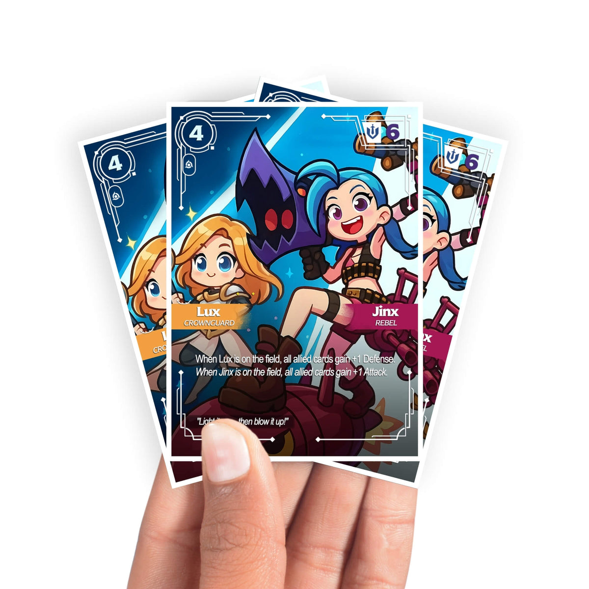 Protect and enhance your cards with our clean and crisp white border card sleeves. Featuring a minimalist design that complements any artwork, these sleeves offer a bright, timeless look. From LDB Duel. Printed with our exclusive Lux and Jinx design for a fresh and premium finish. Illumination-anime-yugioh-mtg-pokemon-card-protection-standard-japanese-dragon-shield-LDB-Duel-white