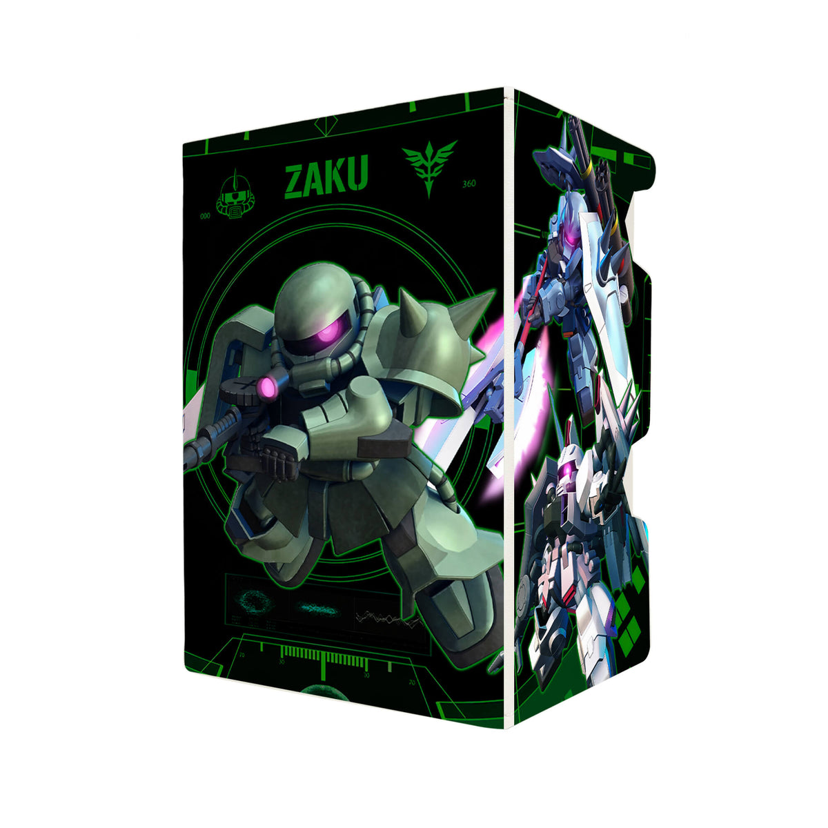Here's another quality white deck box from LDB Duel featuring our exclusive MS Zaku SD art. Fits all types of trading card games, including Pokémon, Yu-Gi-Oh! and Magic The Gathering. The perfect card holder for the TCG player safely holds up to 100 double-sleeved cards. EVEN in extra thick sleeves. Comes with a pull-out dice tray. Gundam-anime-tcg-accessories-card-storage-LDB-Duel