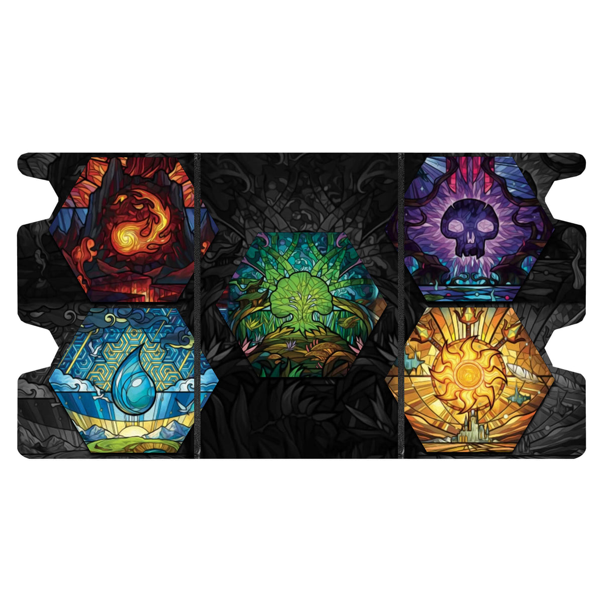 Here is the Full Lid Design of the MTG Elements Mach 3 Black Deck Box. forest-mtg-custom-art-leather-durable-LDB-Duel