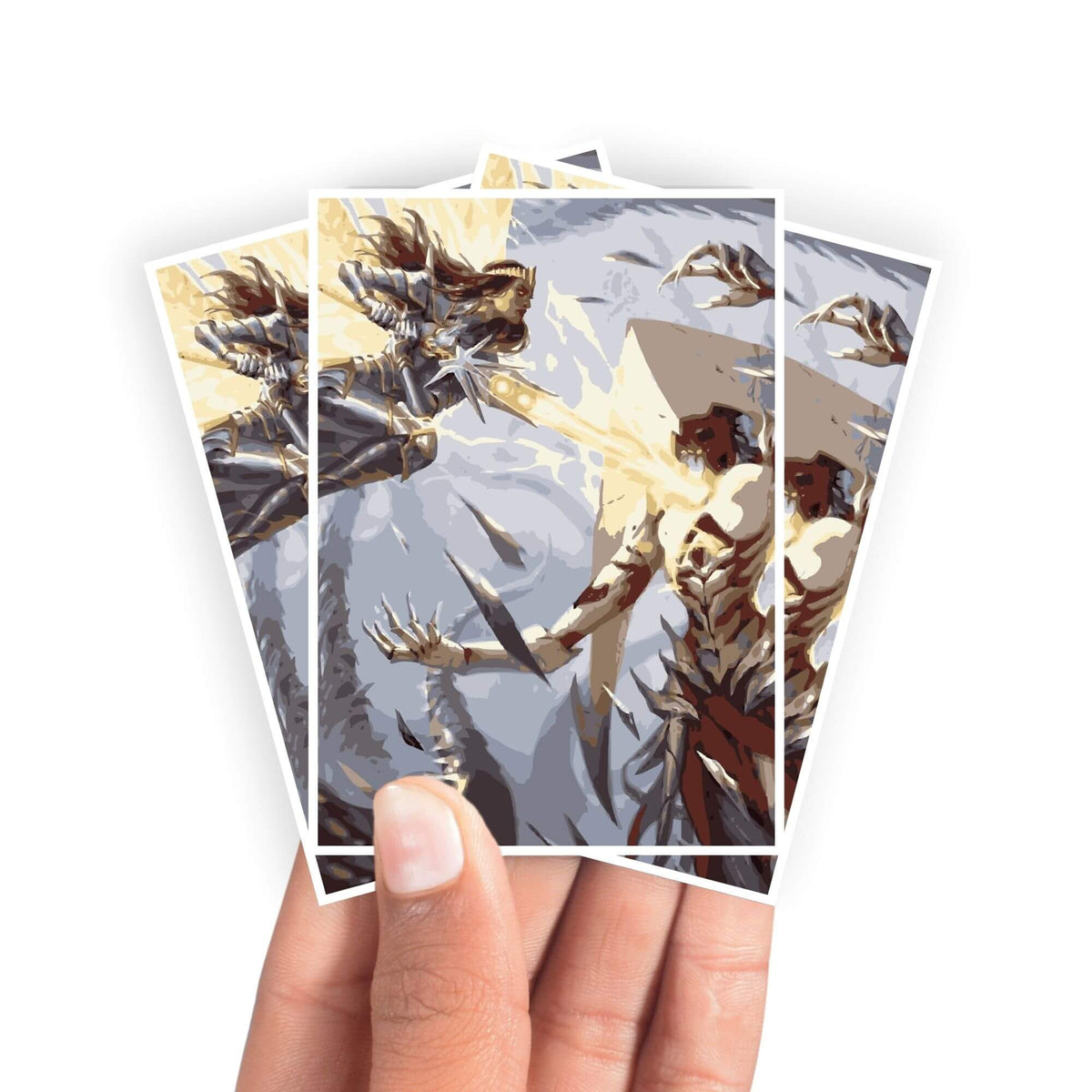Protect and enhance your cards with our clean and crisp white border card sleeves. Featuring a minimalist design that complements any artwork, these sleeves offer a bright, timeless look. From LDB Duel. Printed with our exclusive Elspeth's Smite design for a fresh and premium finish. Instant-mtg-card-protection-standard-japanese-dragon-shield-LDB-Duel-white