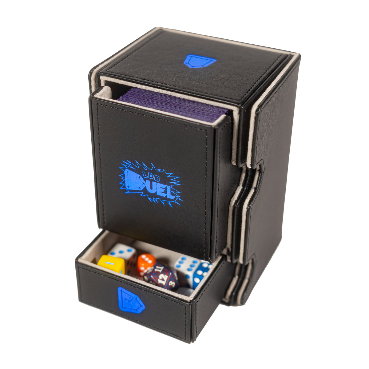 Here's the black version of the Mach 3 deck box from LDB Duel. It comes with a pull-out dice tray that's great for counters and tokens. Holds up to 100 double-sleeved cards. Even thick sleeves. - dragon shields, magic tcg deck builder
