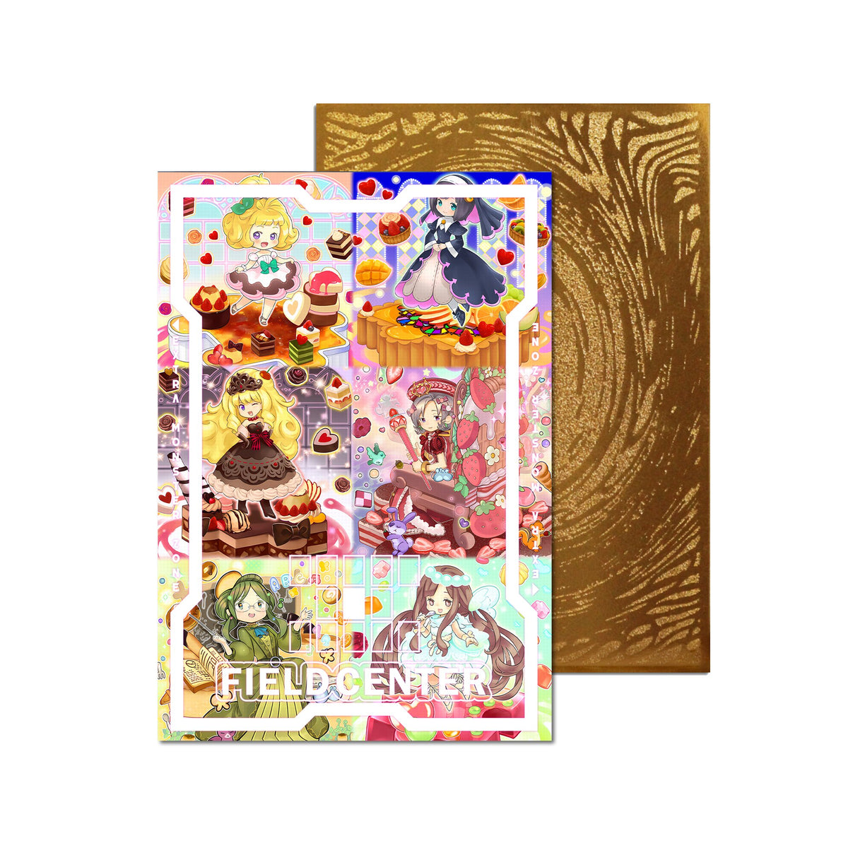 Level up your game with our custom-printed metal field centers, featuring exclusive Madolche Archetype artwork in gold metal. Durable, scratch-resistant, and embossed with the iconic Yu-Gi-Oh! card back, these slim field centers fit perfectly in card sleeves. Madolche-yugioh-mtg-pokemon-metal-card-embossed-design-custom-artwork-duel-accessories-ldb-duel