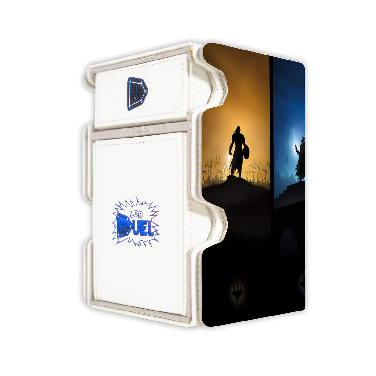 Here is the Right View of the Magic Origins Mach 3 White Deck Box. Planeswalkers-mtg-deck-tray-dice-tray-LDB-Duel